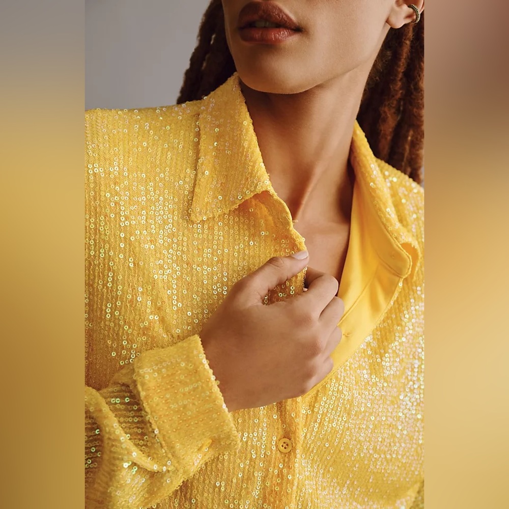 Anthropologie Sequin Tunic Shirt Dress Yellow XS Collared Button NWT - Picture 6 of 16